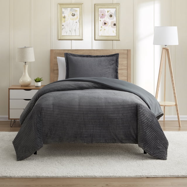 Nestl Duvet Cover Set, Reversible Front Cut Plush Fleece Design & Back Brushed Soft Microfiber for Comforters, 2 PC Set with Zipper Closure & Ties, Duvet Cover Twin, Gray