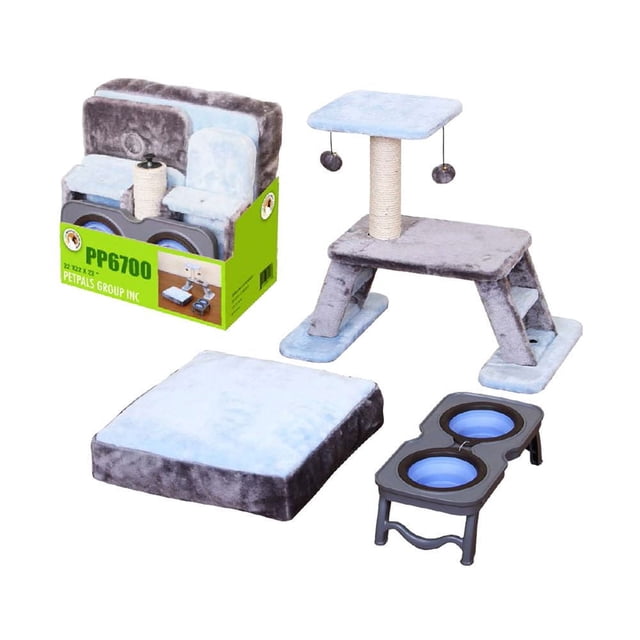 Pet Pals Petpals Group Kitty Starter Kit with a fleece cat tree featuring a sisal scratching post and two hanging toys, a soft fleece bed in light blue and gray, and a raised double bowl set for water and food in black with blue inserts, displayed with its green packaging box on a white background.
