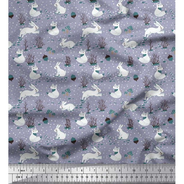 Soimoi Gray Modal Satin Fabric Mushroom,Oaknut & Rabbit Animal Print Sewing Fabric BTY 42 Inch Wide