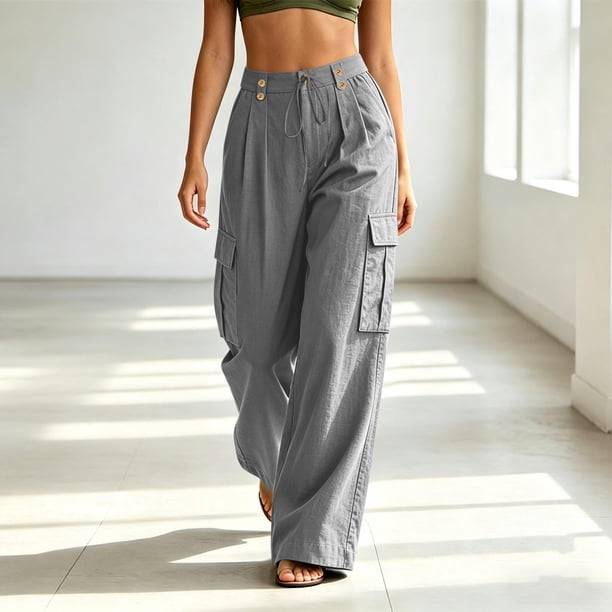 Brqkzdu Cotton Linen Cargo Pants for Women Soft Wide Leg Elastic