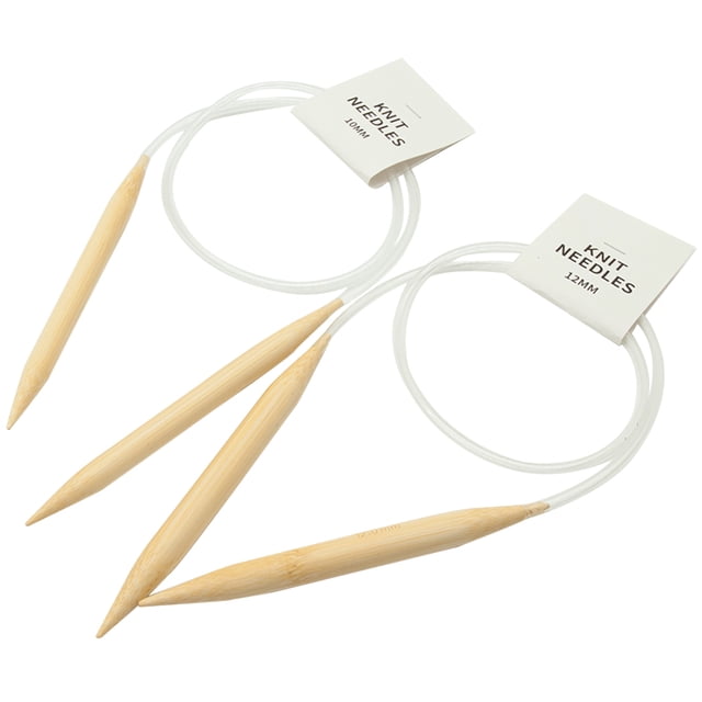 Coofit 2PCS Circular Knitting Needle Professional Wooden Crochet Needle Yarn Tool with two burlywood bamboo circular knitting needles featuring pointed tips and flexible cords. Suitable for crafting scarves, carpets, pullovers, hats, and sweaters. Includes two sizes: 35.5*1cm and 35.5*1.2cm.