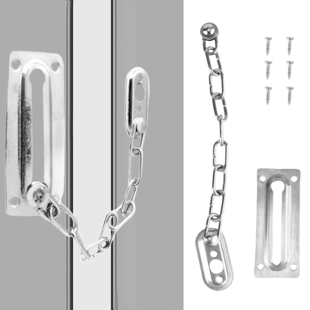 LQXZWJY 1 Pack Door Chain Lock, a premium thickened chain door lock made of high-grade stainless steel, shown with its components including a 7.68-inch chain, two mounting plates, and six screws. The lock is designed for hinged entry doors that swing inward, providing enhanced security for homes, apartments, and hotels. The stainless steel construction ensures durability and resistance to rust, even in humid environments. The image displays the lock installed on a door and the individual components separately.