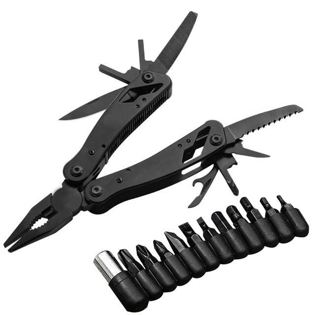 Black Multi Purpose Stainless Steel Pliers Screwdriver Bit Retractable Knife Outdoor Mini Folding Plier
