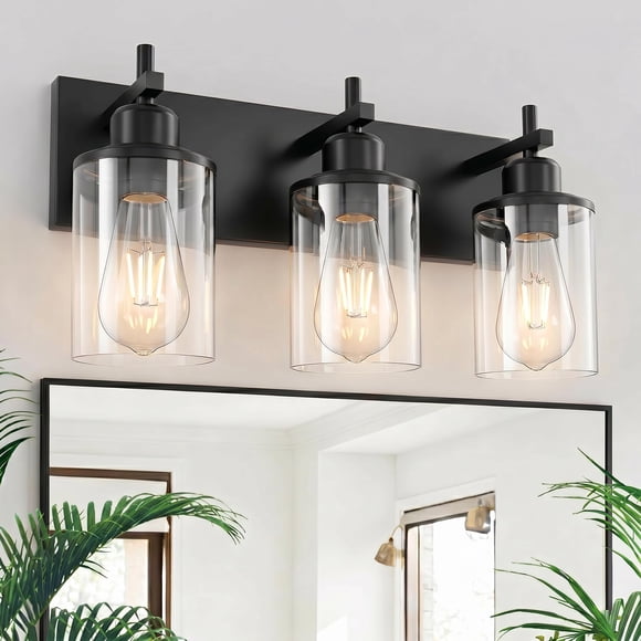 Lanhall 3-Light Black Bathroom Light Fixture Over Mirror Modern Farmhouse Bathroom Vanity Light Vintage Wall Lighting with Clear Glass Shade for Bathroom, Bedroom, Hallway, Cabine