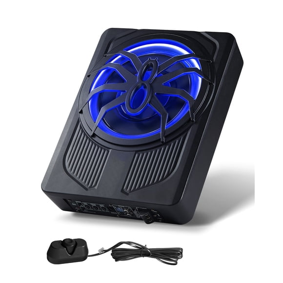 KFFKFF 10" 440W Underseat Car Subwoofer, Slim Powered Car Subwoofers with Blue Ambient Light, Low Profile Audio Sub Under the Seat with Built-in Amplifier, Remote Controller