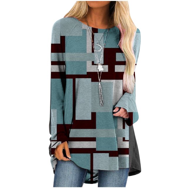 IROINID Deals Ladies Long Sleeve T Shirts Lounge Socket Geometry Printed Round-Neck Tops,Light Blue