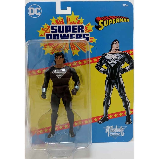 DC Super Powers 4 Inch Action Figure Wave 10 - Black Suit Superman, a 4.5-inch articulated action figure by McFarlane. The figure features Superman in a black suit with silver accents, displayed in DC Super Powers-themed blister card packaging. The packaging includes vibrant comic-style artwork and branding, suitable for collectors and fans of the DC Super Powers series.