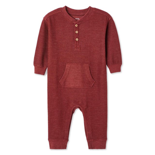 Rust-colored baby boys' waffle knit romper with long sleeves, henley button placket, and front kangaroo pocket.