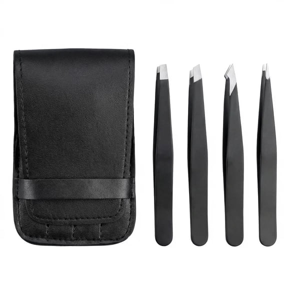 Tweezers for Eyebrows 4 Piece Set,Professional Tweezers for Women Facial Hair,Stainless Steel Ingrown Hair Tweezers for Chin,Splinter And Ingrown Hair Removal,Black
