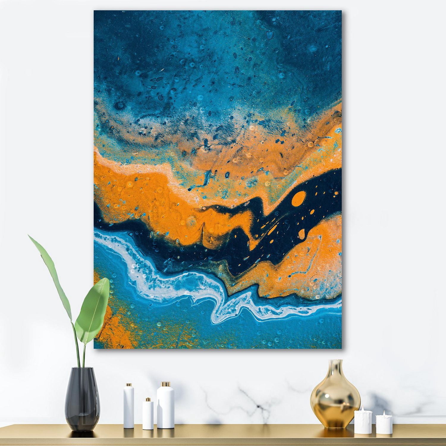 Designart Composition Abstraite En Marbre En Bleu Et Orange IV Art mural sur toile
