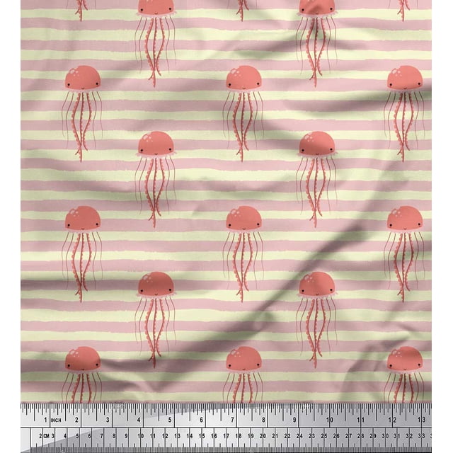 Soimoi Yellow Poly Georgette Fabric Stripe & Jellyfish Ocean Printed Fabric 1 Yard 52 Inch Wide