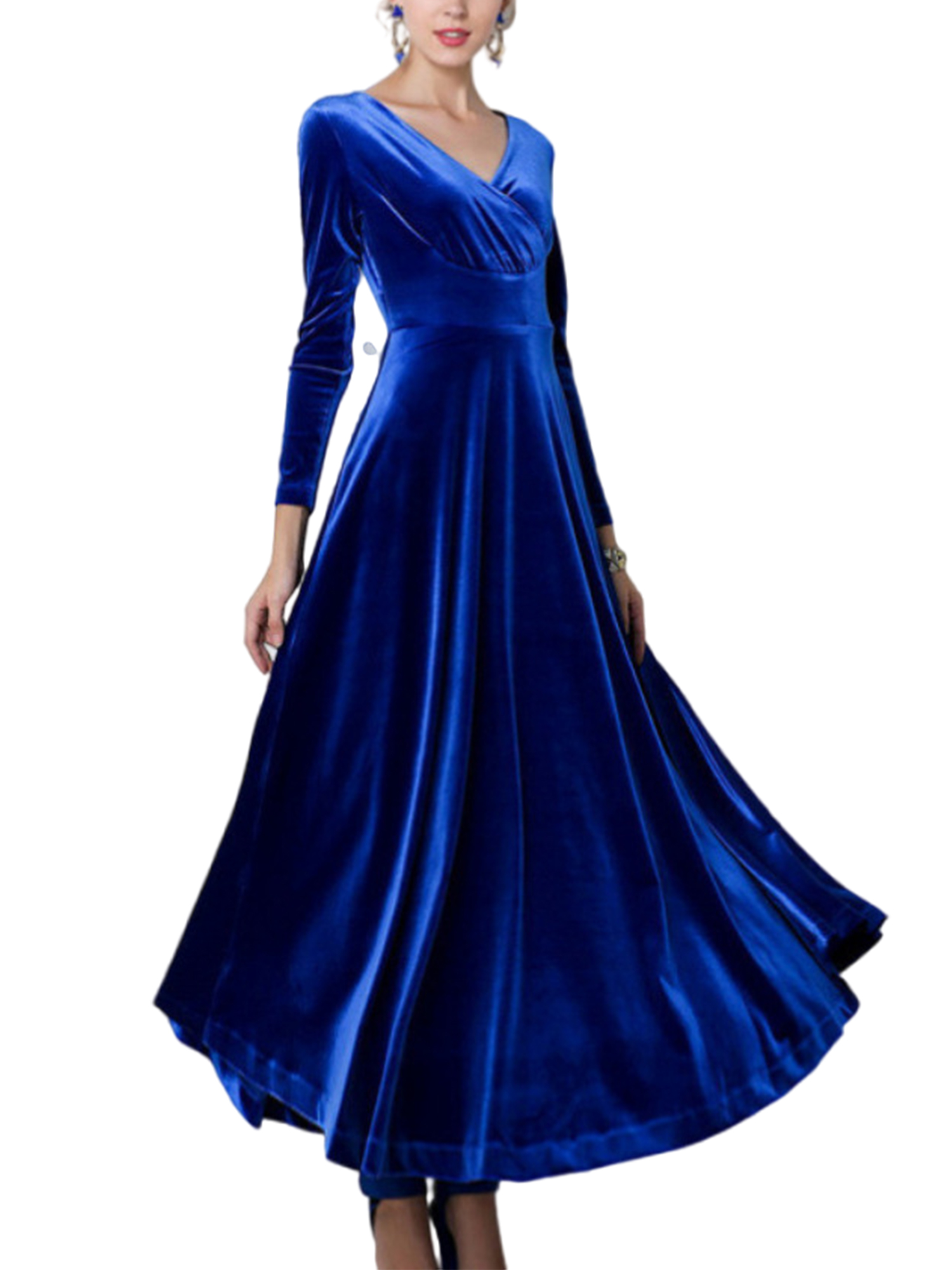 Innerwin Robe Ligne A Couleur Unie Femmes Robes Maxi Vacances Manches Longues Ample Bleu m