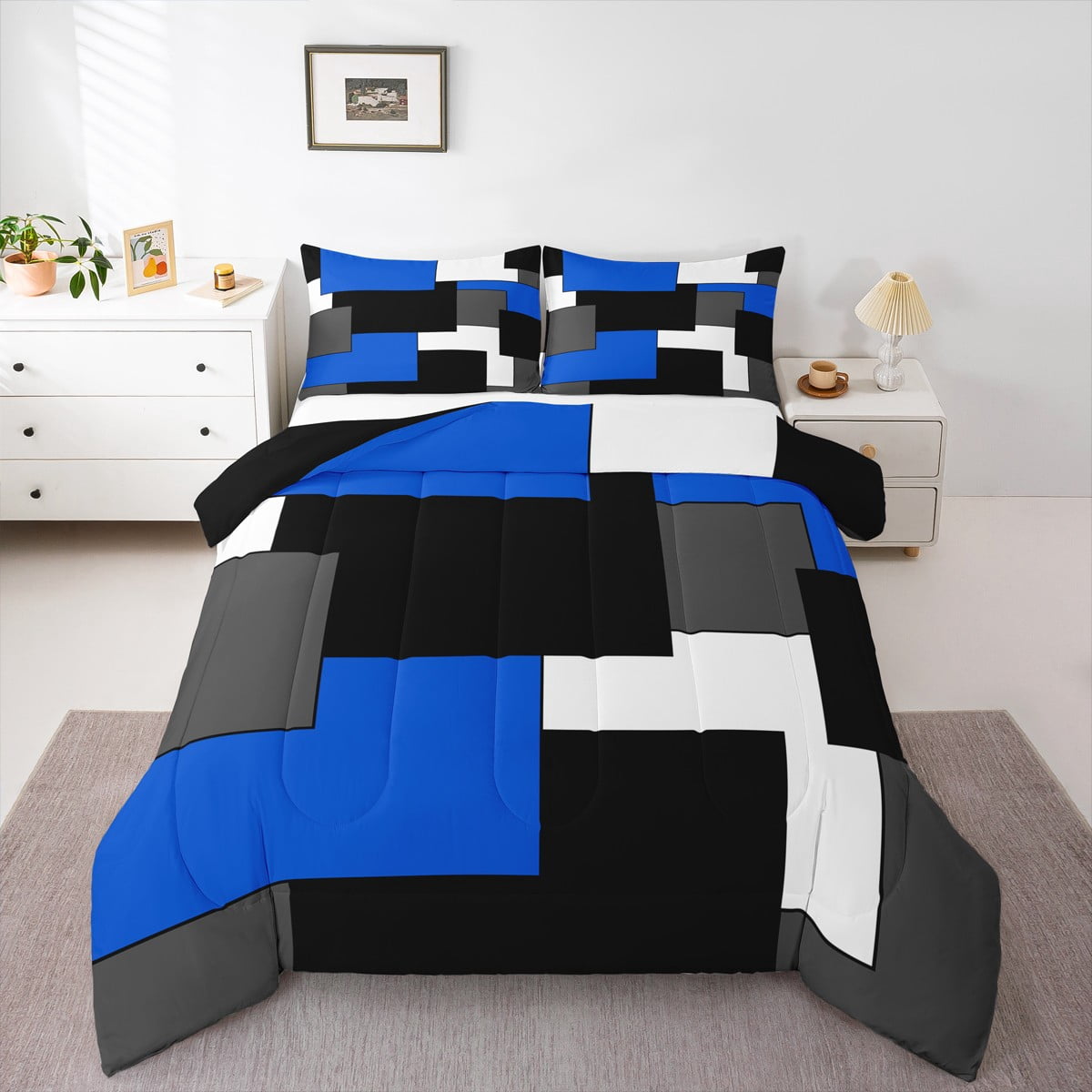 Erosebridal Modern Abstract Bedding Full Comforter Set, Square Geometric Bedding Sets Full with Comforter, Black Blue Reversible Down Comforter, Microfiber Room Decoration, 3-Piece