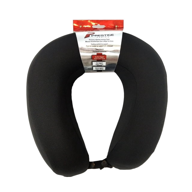 Prestige Series Travel Pillow in black with U-shaped ergonomic design, pressure-relieving memory foam, and snap closure for secure fit, designed for portable neck support and cooling comfort during travel, suitable also for use during long commutes.