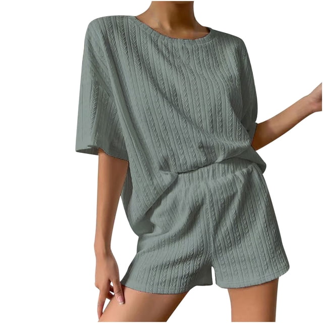 Yuyuzo Ensembles 2 Pcs pour Femmes 2025 Chandail à Manches Courtes à Col Rond et Shorts Amples Ensembles de Pyjama Survêtement Ensembles Assortis de Détente