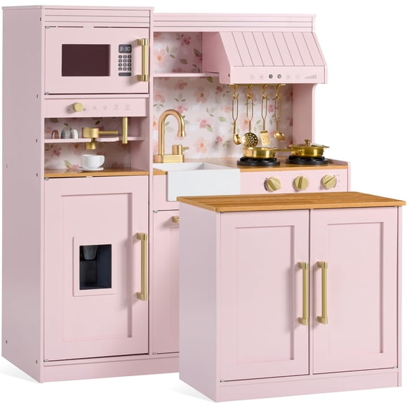 Best Choice Products Pretend Play Kitchen for Kids, Interactive Wooden Toddler Playset with Island, Espresso Machine, 17 Accessories - Pink