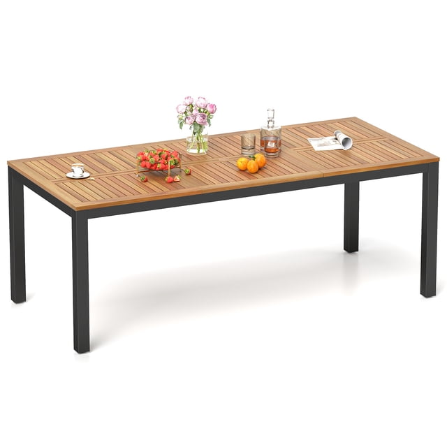 Patiojoy 79" Rectangular Acacia Wood Dining Table with a natural wood grain tabletop and black metal legs. This outdoor dining table seats 8 people and features a splinter-free finish and an umbrella hole for shaded patio dining. Perfect for gardens, patios, or indoor use.