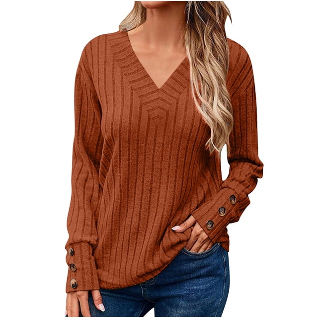 MeetoTime Pull Tunique à Manches Longues Côtelé Col en V pour Femmes Automne Décontracté Couleur Unie Extensible