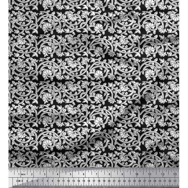 Soimoi Polyester Crepe Fabric Leaves & Floral Block Printed Craft Fabric by The Yard 52 Inch Wide