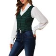 thumbnail image 4 of INSPIRE CHIC Veste Sans Manches à Carreaux Extensible Asymétrique pour Femme, Col en V, Taille Froncée, Boutonnée, Verte 2TG, 4 of 7