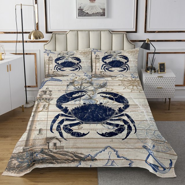 Erosebridal Ocean Crab Coverlet Set King, Retro Lighthouse Bedding Set, Nautical Compass Decor 3pcs
