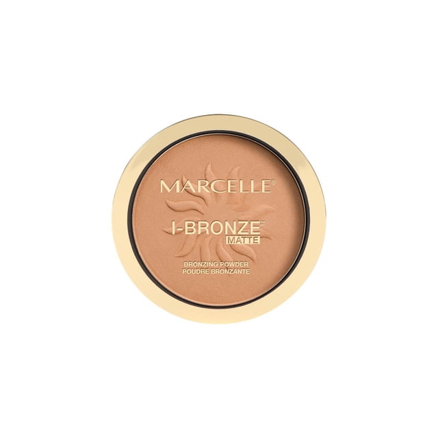 Marcelle I-Bronze Bronzing Powder matte in a round compact with beige-gold rim and embossed sun design, a talc-free powder bronzer that evens skin tone and enhances natural radiance, suitable for all skin types and often used to set makeup for longer wear.