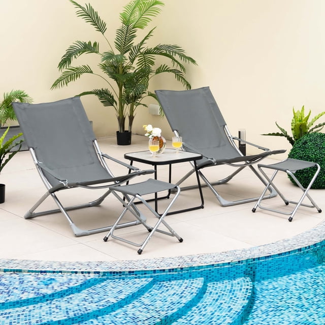 Costway Ensemble de 5 Chaises Pliantes à Sangle pour Patio, Ottoman, Table, Appui-Tête Portable, Extérieur, Plage