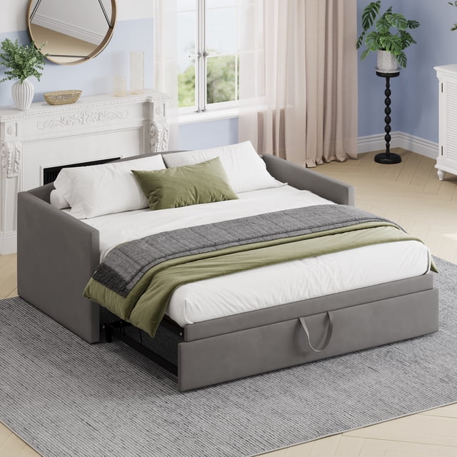 Cadre de lit Noble House Queen Size, en velours moderne, beige