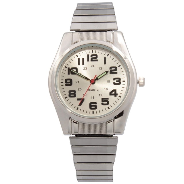 George Men's Silver Expansion Watch with a front-facing silver stainless steel expansion band featuring satin and polished finishes, 20mm case, silver sunray dial with full black numbers and 24-hour markers, red second hand, and quartz Japan movement with long-life battery included, ideal for comfortable everyday wear.