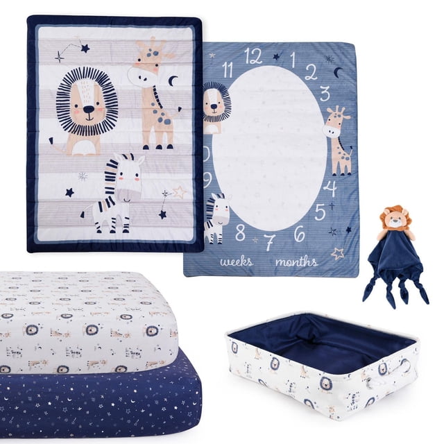 5-Piece Nursery Bundle Safari with reversible milestone comforter showing lion, giraffe, and zebra designs, two fitted crib sheets with matching safari prints, a lion buddy blankie, and a printed storage tote with rope handles in blue and neutral colours.