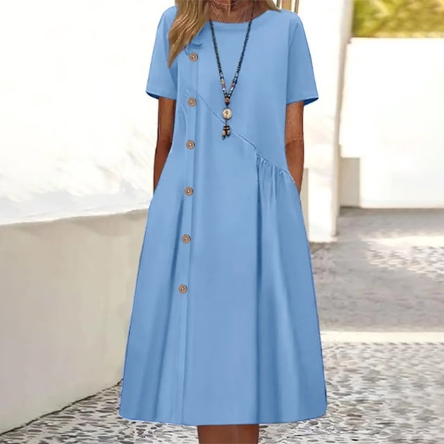 Mefallenssiah Mode Féminine Casual Printemps Été Manches Courtes Tour de Cou Genou-Haut Robe