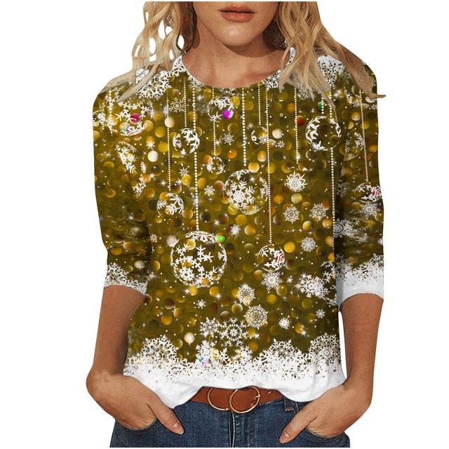 Pisexur Chandails de Noël pour Femmes Chandails à Manches 3/4 pour Femmes Chandails à Col Rond Graphiques Amusants Chandails à Capuchon Décontractés pour les Fêtes de Noël Confort Amples Mode d'Automne Chandails à Enfiler