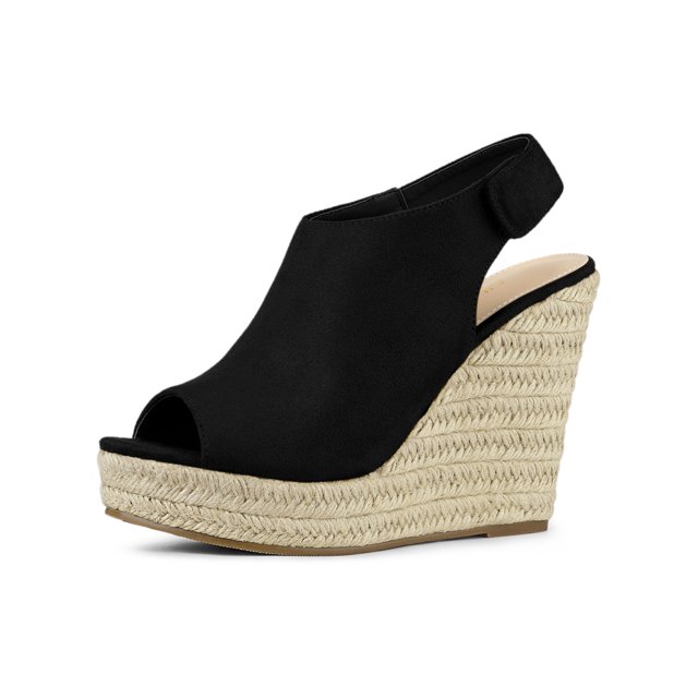 BLISSFUL STEP Chaussures pour Femmes Espadrilles à Plateforme Compensée à Bout Ouvert Sandales Slingback Noir 6