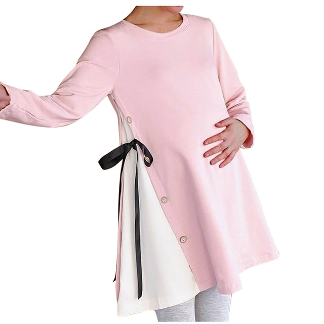 Drppepioner Haut de Maternité Uni pour Femme Grande Taille en Rose, Conçu avec des Manches Longues, un Détail de Bouton Latéral et un Nœud Ruban Noir pour un Ajustement Réglable. Idéal pour la Maternité, les baby showers Ou les Sorties Décontractées, Assorti à des leggings Gris Pâle.