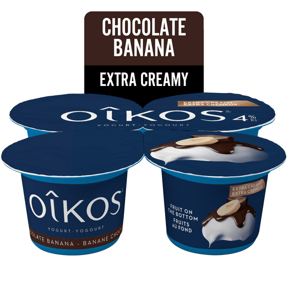 Oikos Extra Creamy Yogurt, Banana Chocolate, Blended, 4% M.F, 4x95g