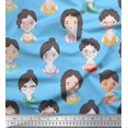 thumbnail image 1 of Soimoi Blue polyester Crepe Fabric Women Face Human Figure Decor Fabric Printed Yard 42 Inch Wide, 1 of 5
