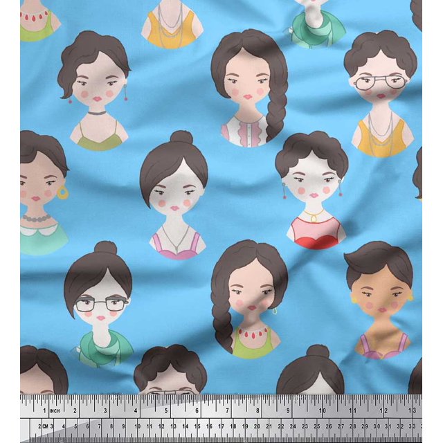 Soimoi Blue polyester Crepe Fabric Women Face Human Figure Decor Fabric Printed Yard 42 Inch Wide