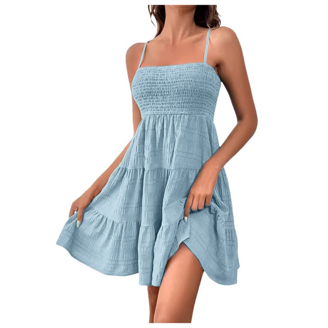 JIRNDf Robe d'Été pour Femmes Tendance 2025 Courte Unie Ourlet à Volants Courte Sans Manches Mini Aguichant Robes d'Été pour Femmes Robe Bohème Bleu G