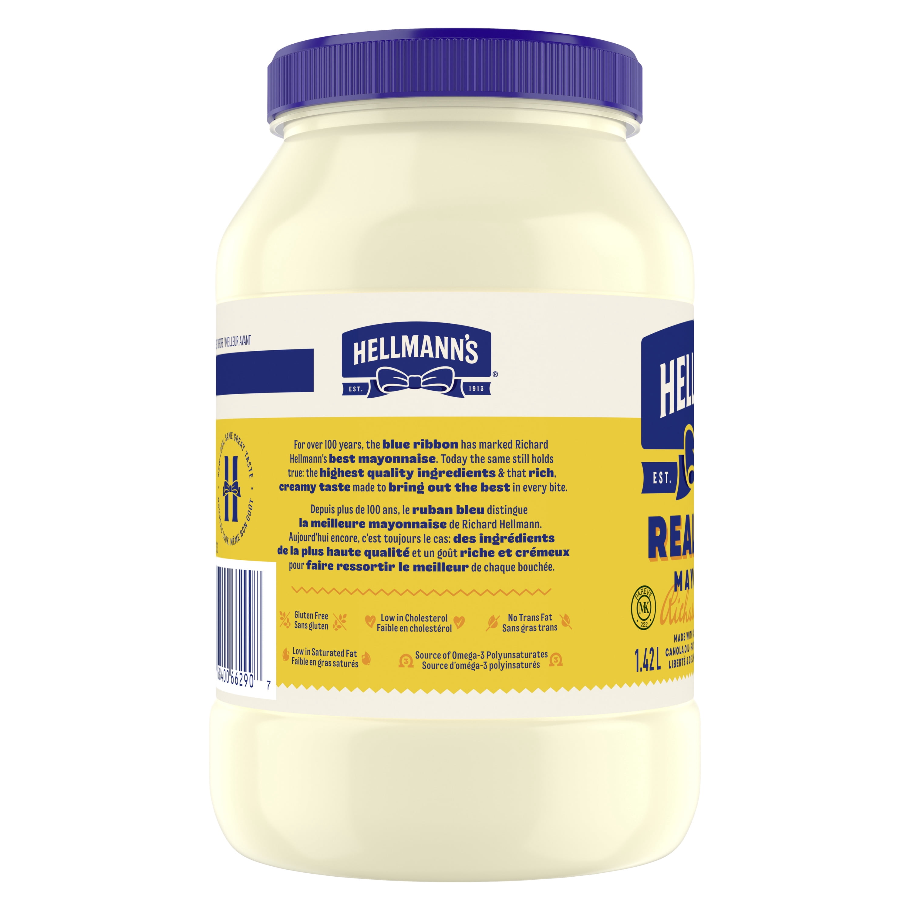 Hellmann’s Real Mayonnaise, Gluten‑Free and Kosher, Made with Canadian Free‑Run Eggs and Canola Oil, 1.42L Jar
