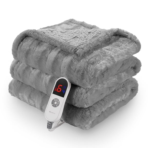 MARNUR Electric Throw Blanket Extra Large Size, 60" x 70" Soft Faux Fur Heated Blanket, 6 Heating Levels, 4 Hours Timer - Grey