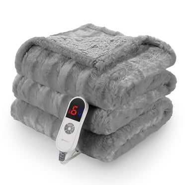 MARNUR Electric Throw Blanket Extra Large Size, 60" x 70" Soft Faux Fur Heated Blanket, 6 Heating Levels, 4 Hours Timer - Grey
