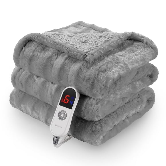 MARNUR Couverture Chauffante Électrique Format Très Grand, 60 Pouces x 70 Pouces Couverture Chauffante en Fausse Fourrure Douce, 6 Niveaux de Chauffage, Minuterie de 4 Heures - Gris