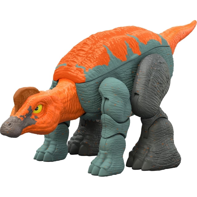 Monde Jurassique Double Danger Majungasaurus & Corythosaurus Jouet Dinosaure Transformable sous Forme de Corythosaurus avec Plastique Texturé orange et Gris-Bleu, Yeux Jaunes et Pattes Articulées. Comprend un Adaptateur de Couleur Qui Change de Couleur du Dos avec Chaleur des Mains, Convient aux Collectionneurs de Jouets Dinosaures.