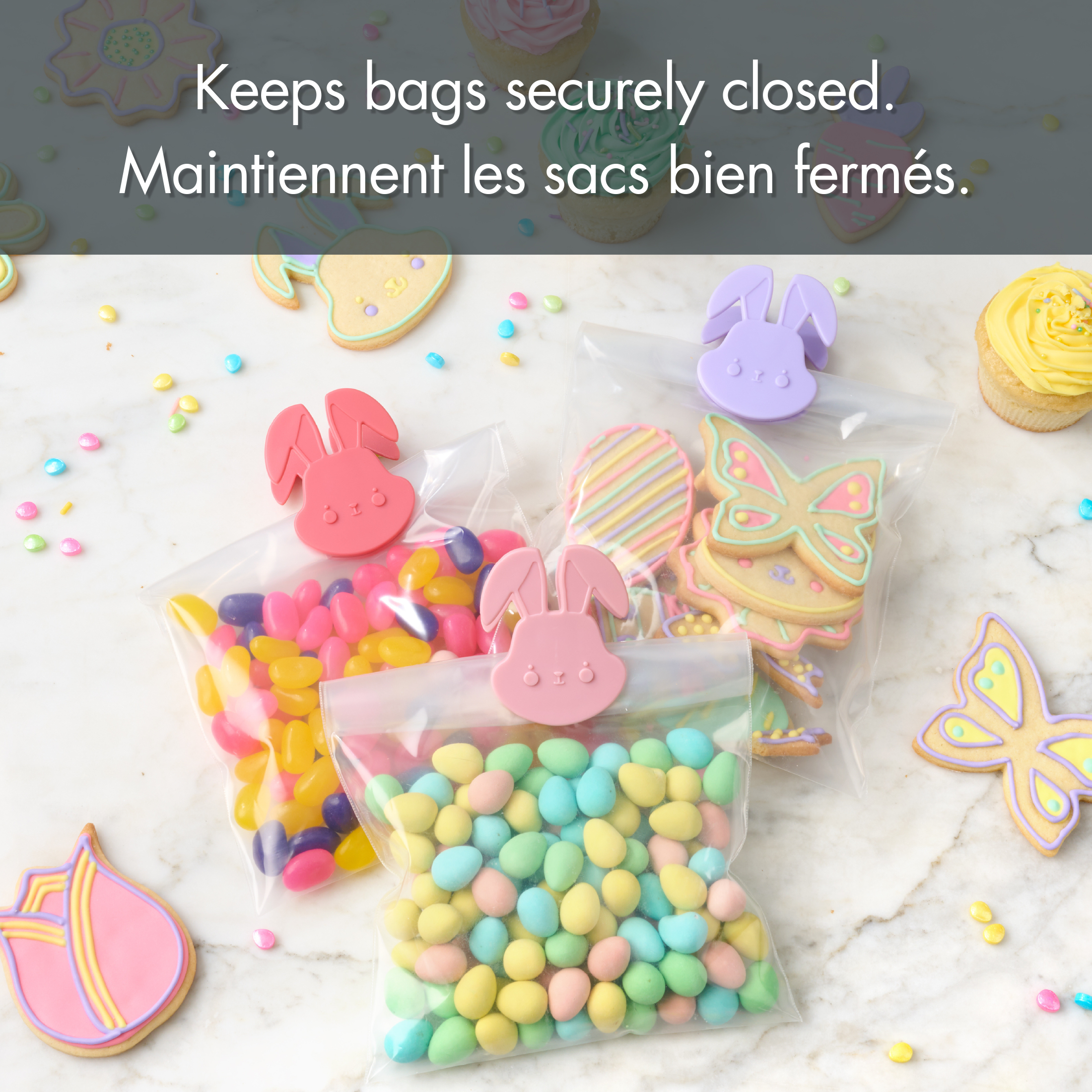 Tout pour célébrer – Lot de 3 pinces à sacs de cuisine en forme de lapin, en rose foncé, rose pâle et violet doux