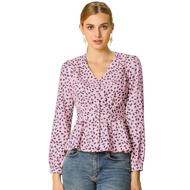 INSPIRE CHIC Women's Elegant Dots V Neck Smocked Ruffled Hem Peplum Top