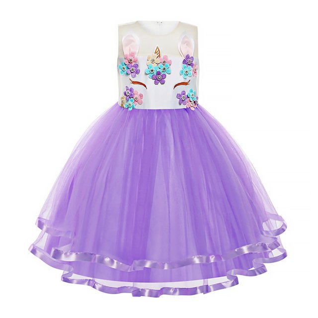 KAWELL Robe Fleurie Unicorn pour Filles Robe de Princesse Élégante Robe de Fête d'Anniversaire 2-8 Ans