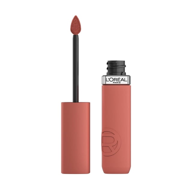 L'Oréal Paris Infallible Matte Resistance Liquid Lipstick, 5 mL, with the cap removed showing a pointed sponge applicator and a matte dusty rose rectangular tube embossed with the L'Oréal logo, providing up to 16-hour powdery matte finish infused with hyaluronic acid for comfortable, long-lasting wear and intense colour in one swipe.