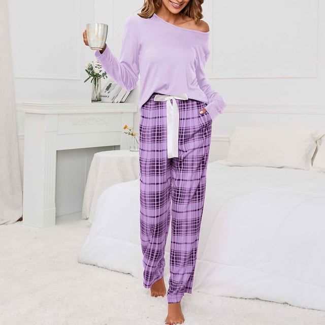 LSLJS Ensembles de Pyjama pour Femmes Mode Décontractée Manches Longues Confortable Ensemble à Carreaux Chandail Hauts Blouse Cadeaux pour Hommes