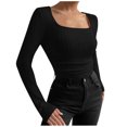 thumbnail image 1 of AherBiu Crop Tops for Women Ribbed Flare Long Sleeve Square Neck Slim Tight Basic Spring Shirt Blouse, 1 of 7
