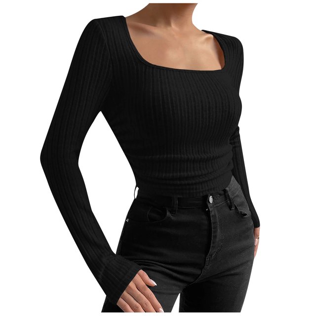 AherBiu Crop Tops for Women Ribbed Flare Long Sleeve Square Neck Slim Tight Basic Spring Shirt Blouse